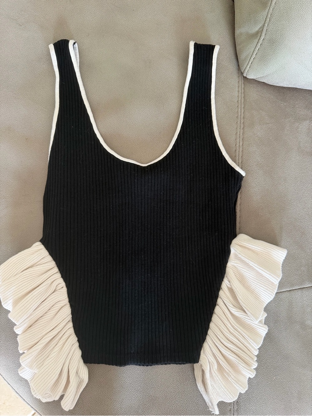 Zara Black Ribbed Tank with Cream Ruffle Panels